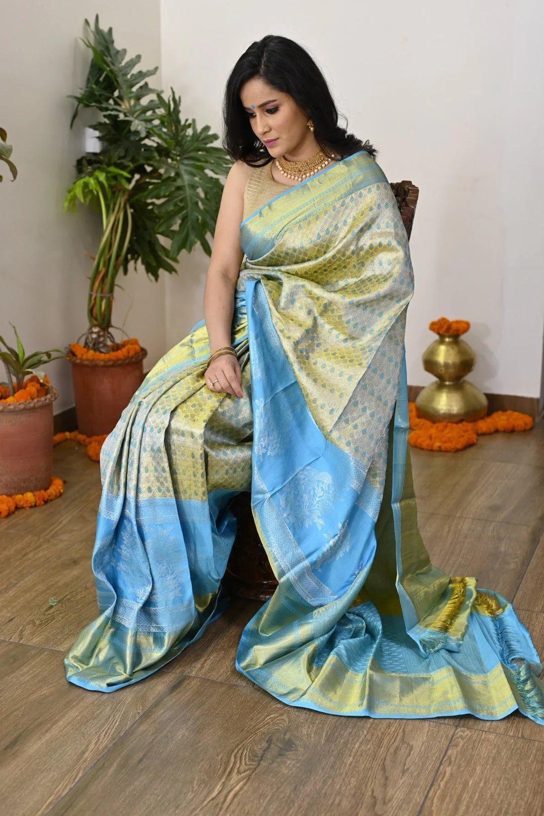 Wedding Wear Sky Blue Border with Zari Work Kanjivaram Saree