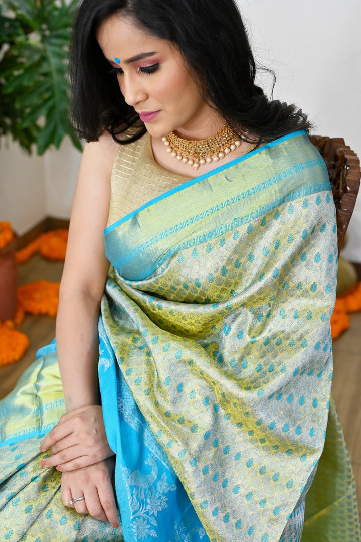 Wedding Wear Sky Blue Border with Zari Work Kanjivaram Saree
