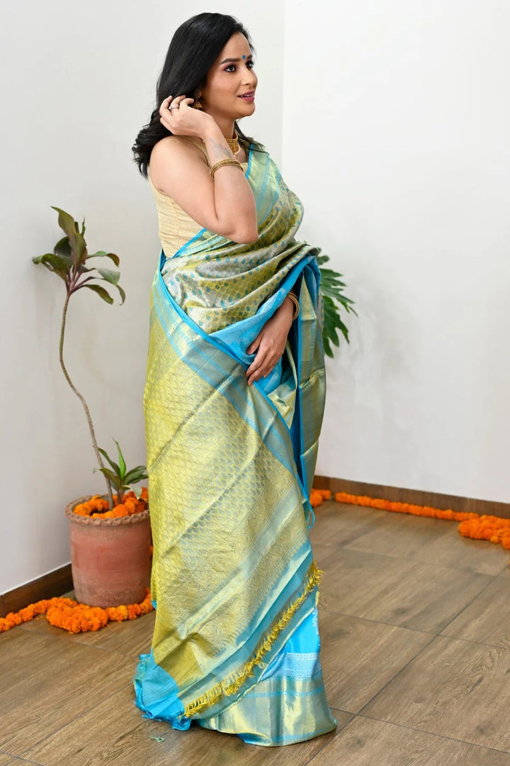 Wedding Wear Sky Blue Border with Zari Work Kanjivaram Saree