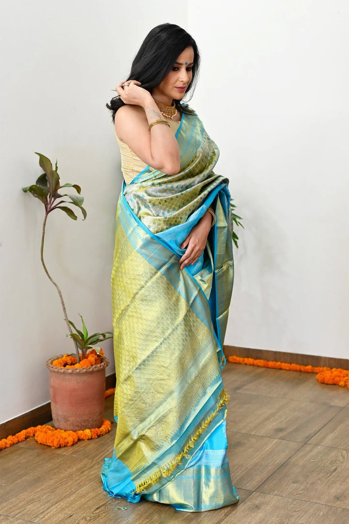 Wedding Wear Sky Blue Border with Zari Work Kanjivaram Saree