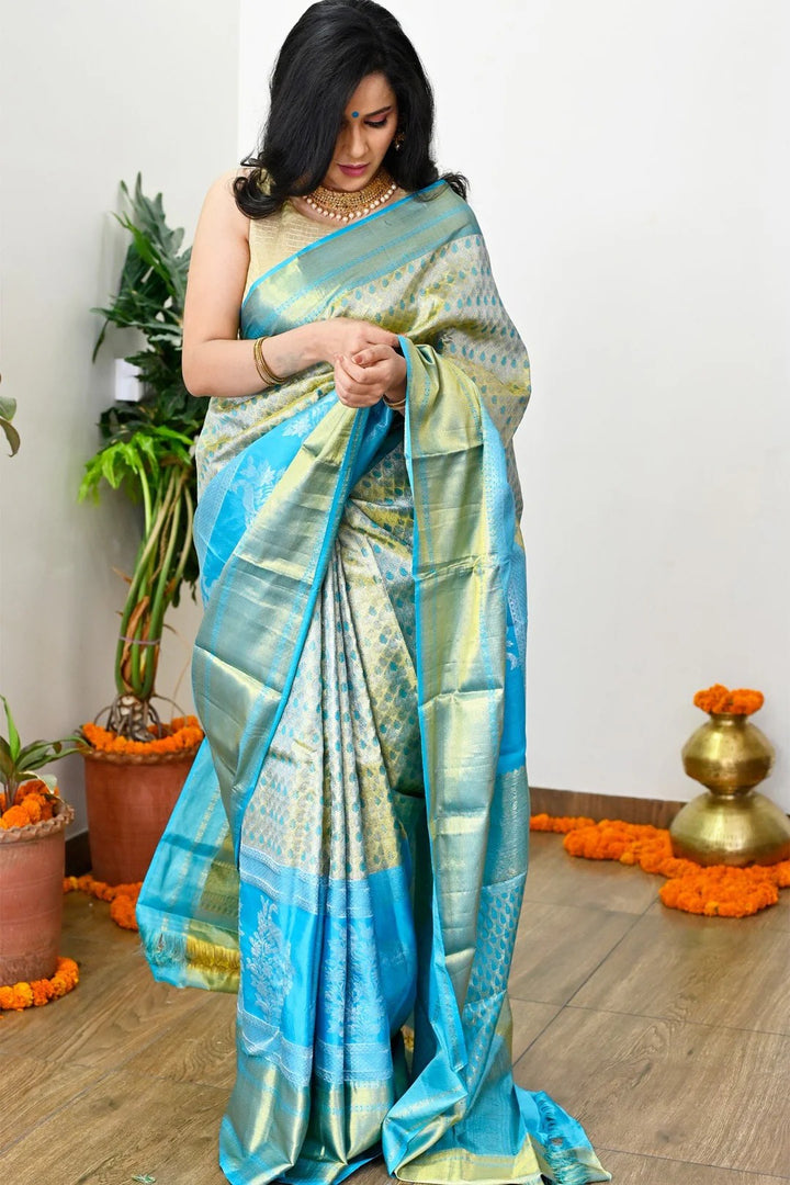 Wedding Wear Sky Blue Border with Zari Work Kanjivaram Saree