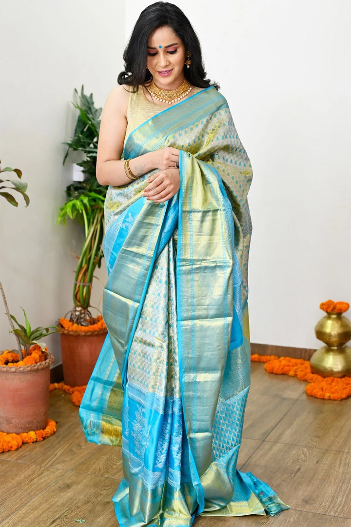 Wedding Wear Sky Blue Border with Zari Work Kanjivaram Saree