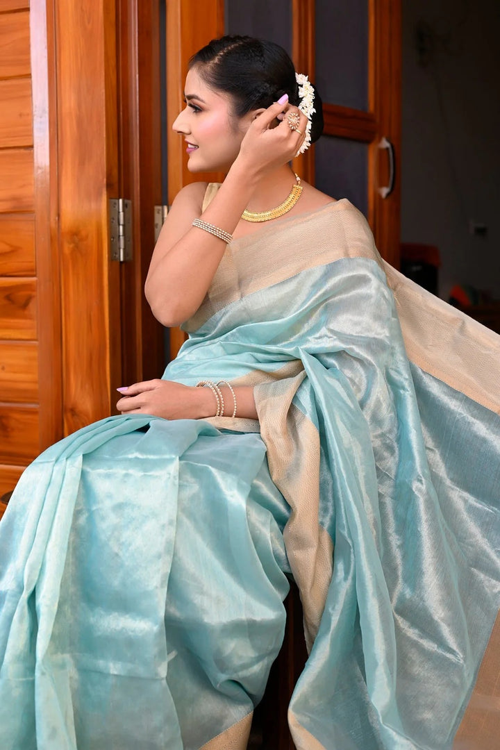 Wedding Wear Sky Blue Color Maheshwari Saree With Golden Zari Pallu And Borders