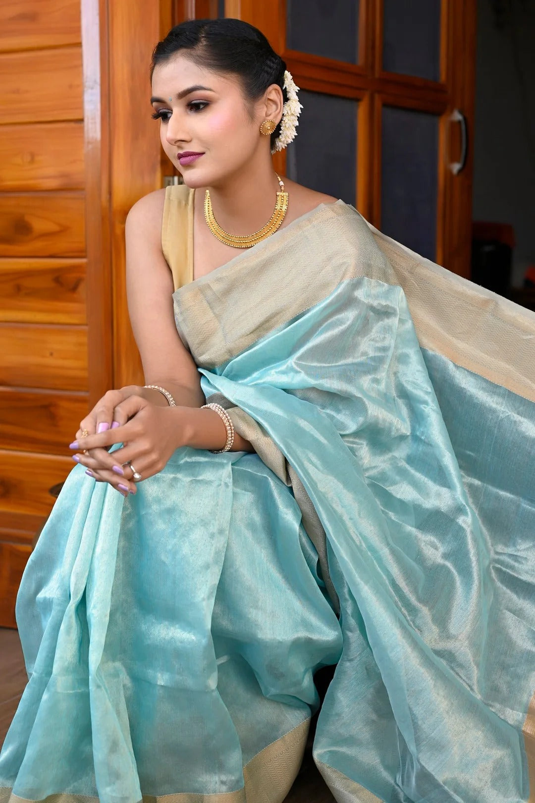 Wedding Wear Sky Blue Color Maheshwari Saree With Golden Zari Pallu And Borders