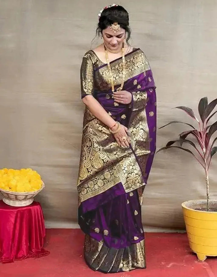 Wedding Wear Wine Color Banarasi Silk Saree