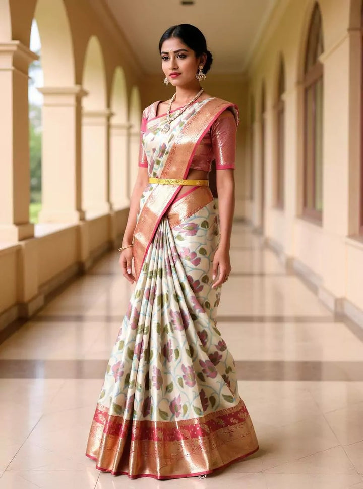 Western Wear Cream Color Tissue Silk Saree