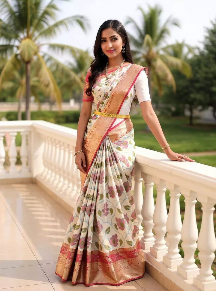 Western Wear Cream Color Tissue Silk Saree