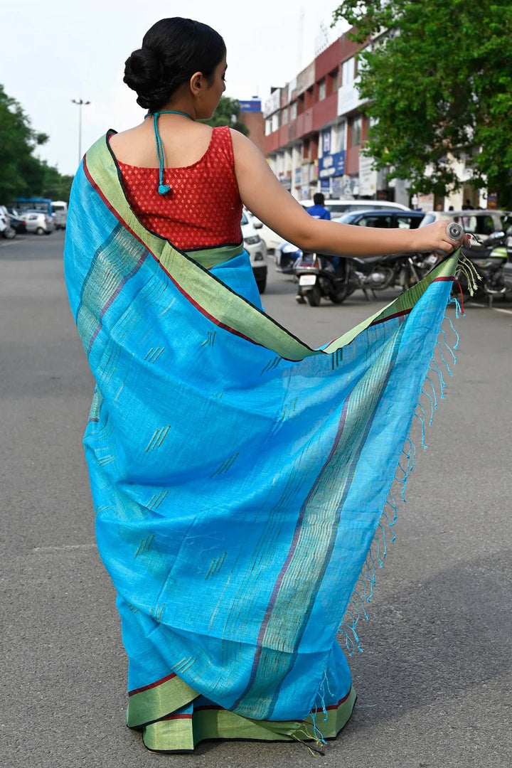 Western Wear Dodger Blue Color linen Handloom Saree