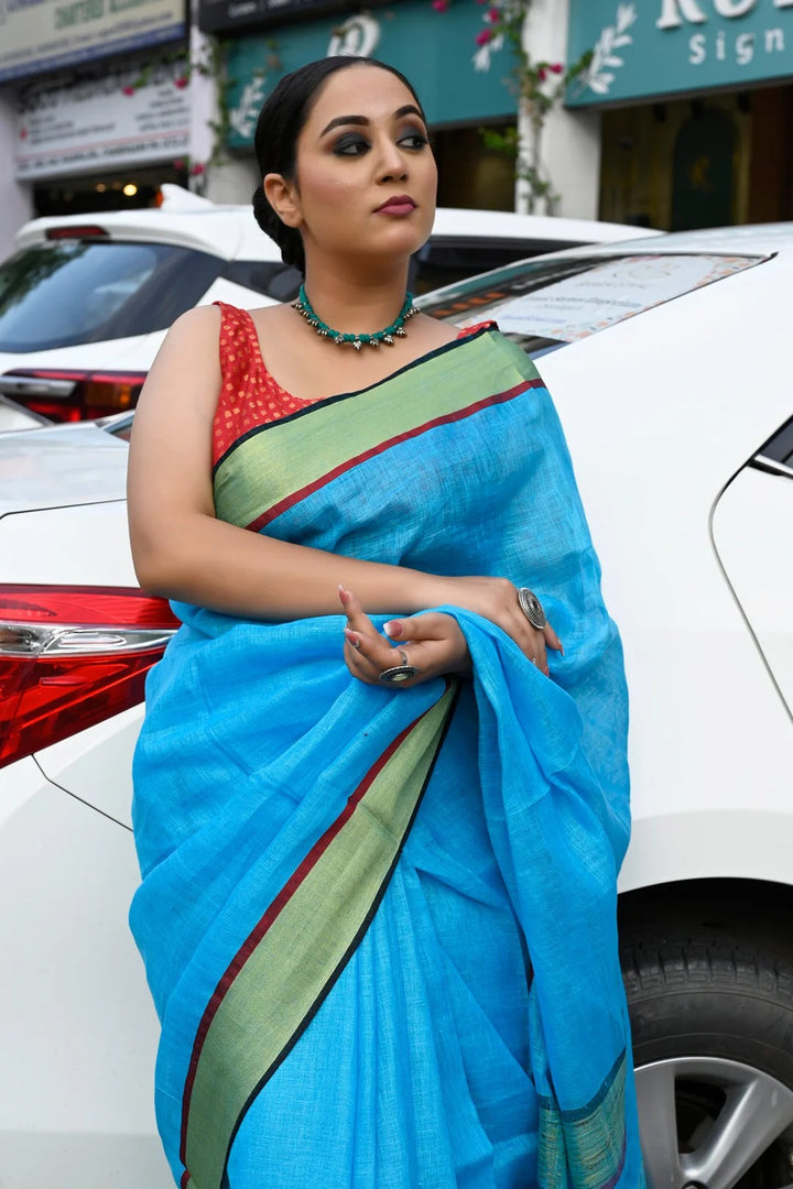 Western Wear Dodger Blue Color linen Handloom Saree