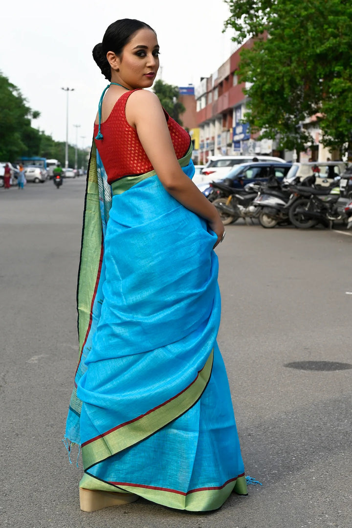 Western Wear Dodger Blue Color linen Handloom Saree