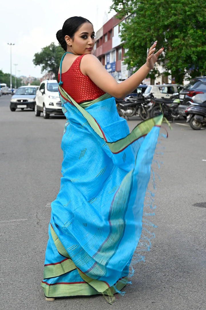 Western Wear Dodger Blue Color linen Handloom Saree