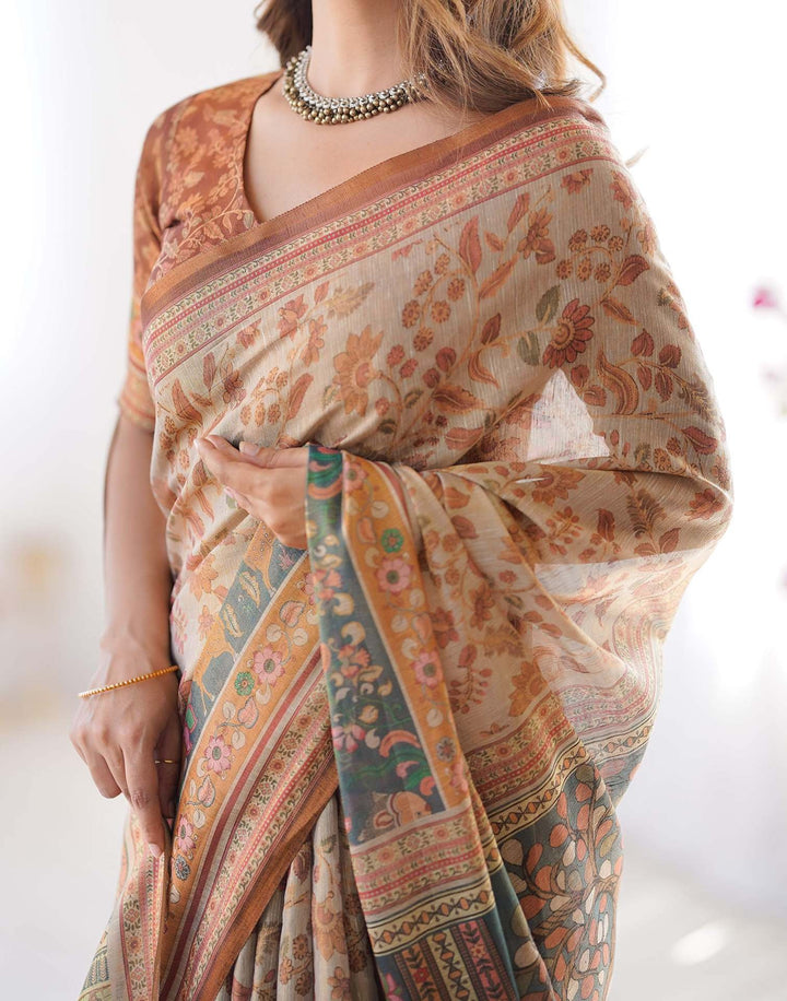 Western Wear Light Grey Color Linen Floral Printed Saree