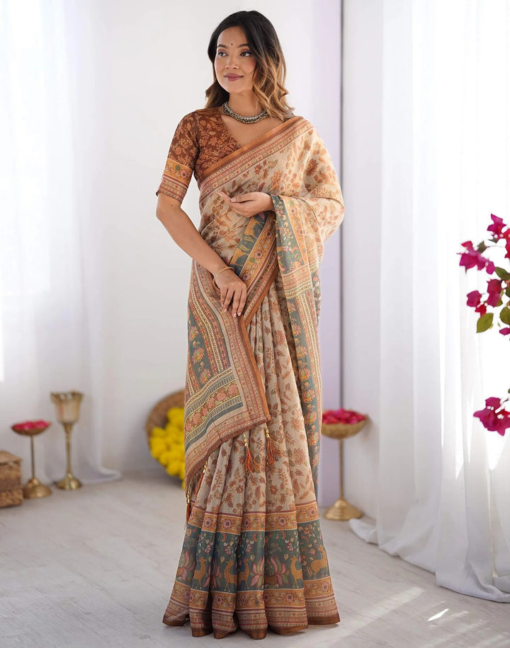 Western Wear Light Grey Color Linen Floral Printed Saree