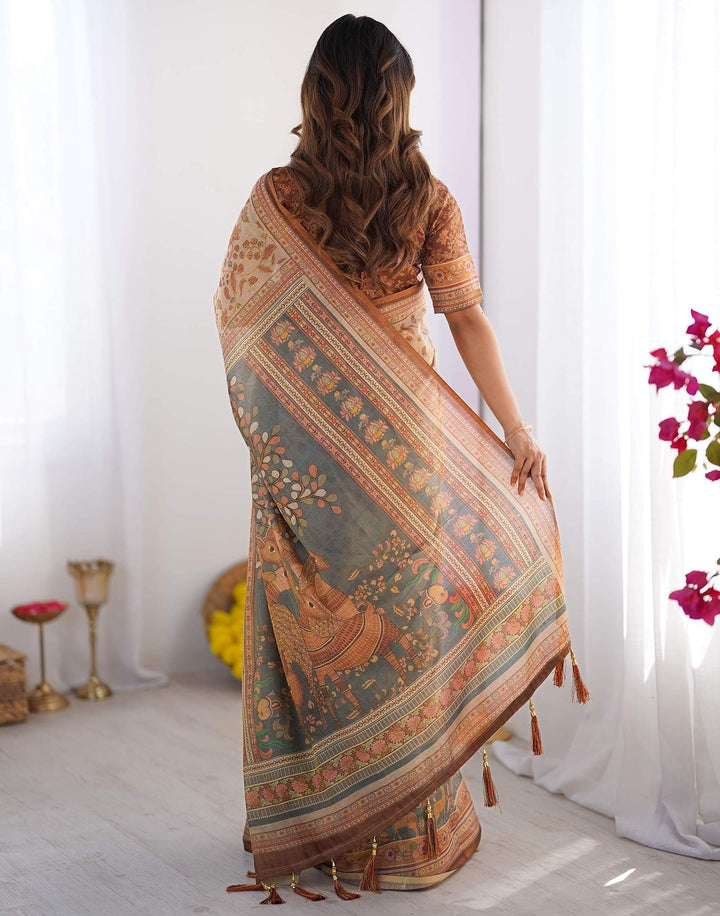 Western Wear Light Grey Color Linen Floral Printed Saree