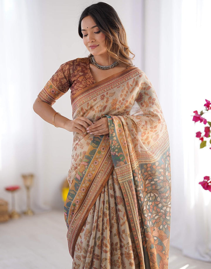 Western Wear Light Grey Color Linen Floral Printed Saree
