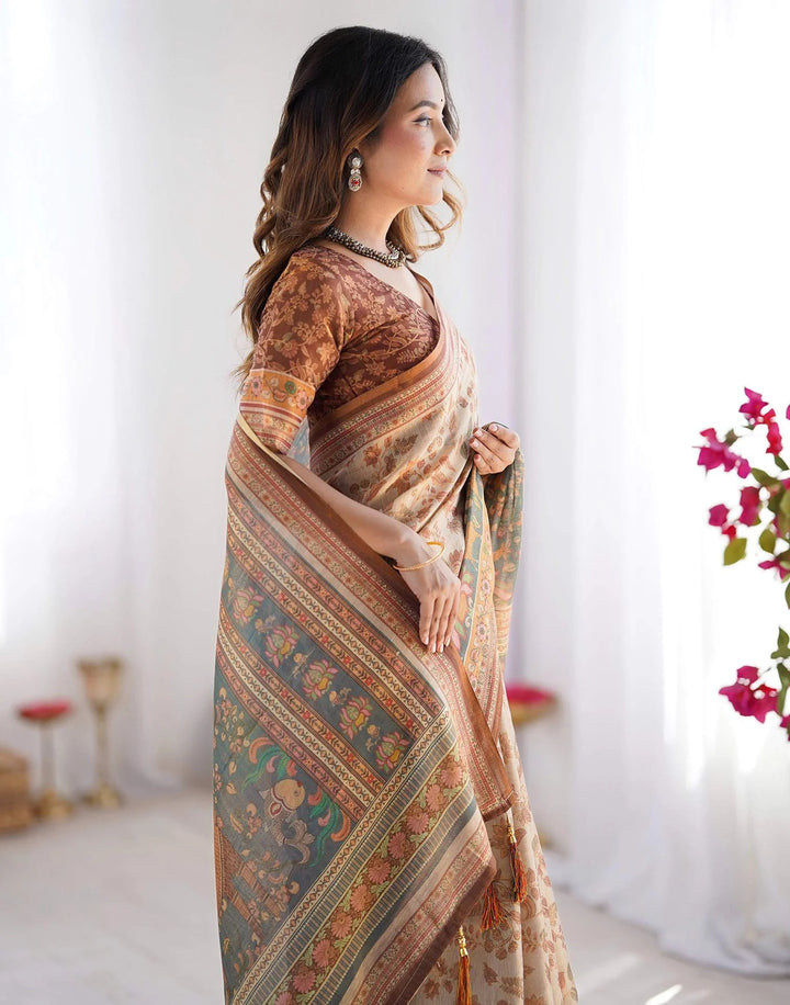 Western Wear Light Grey Color Linen Floral Printed Saree