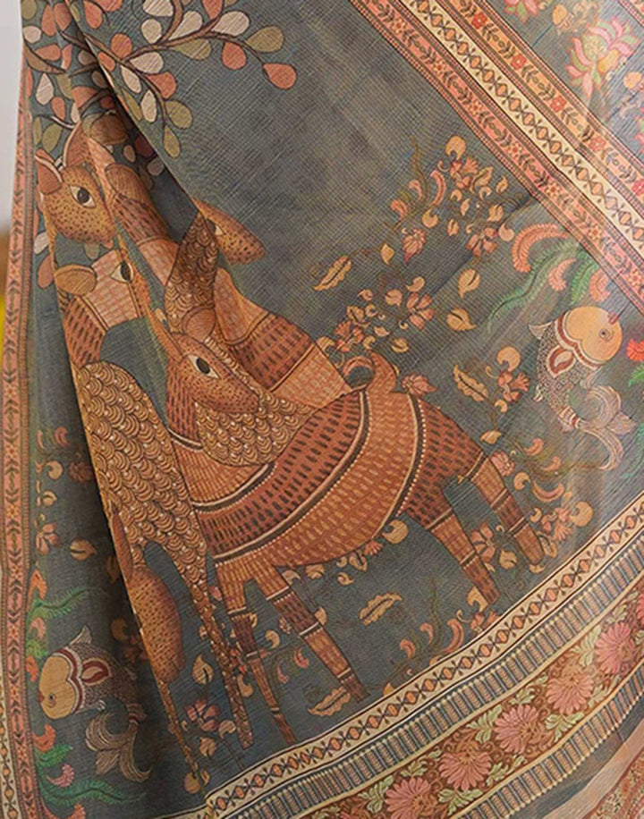 Western Wear Light Grey Color Linen Floral Printed Saree