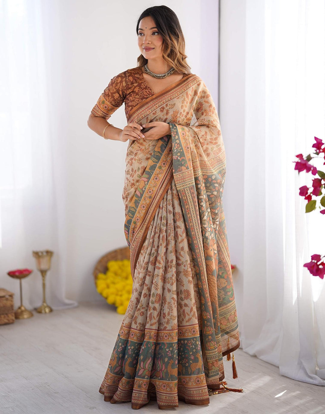 Western Wear Light Grey Color Linen Floral Printed Saree