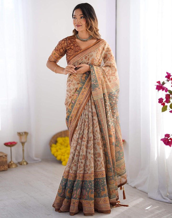 Western Wear Light Grey Color Linen Floral Printed Saree