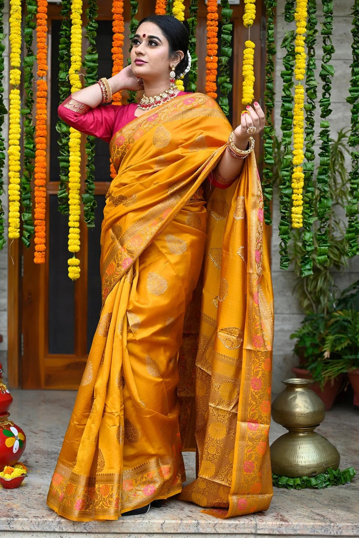 Western Wear Mustard Yellow Color Banarasi Silk Saree