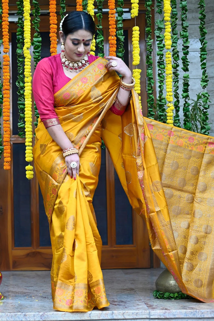Western Wear Mustard Yellow Color Banarasi Silk Saree