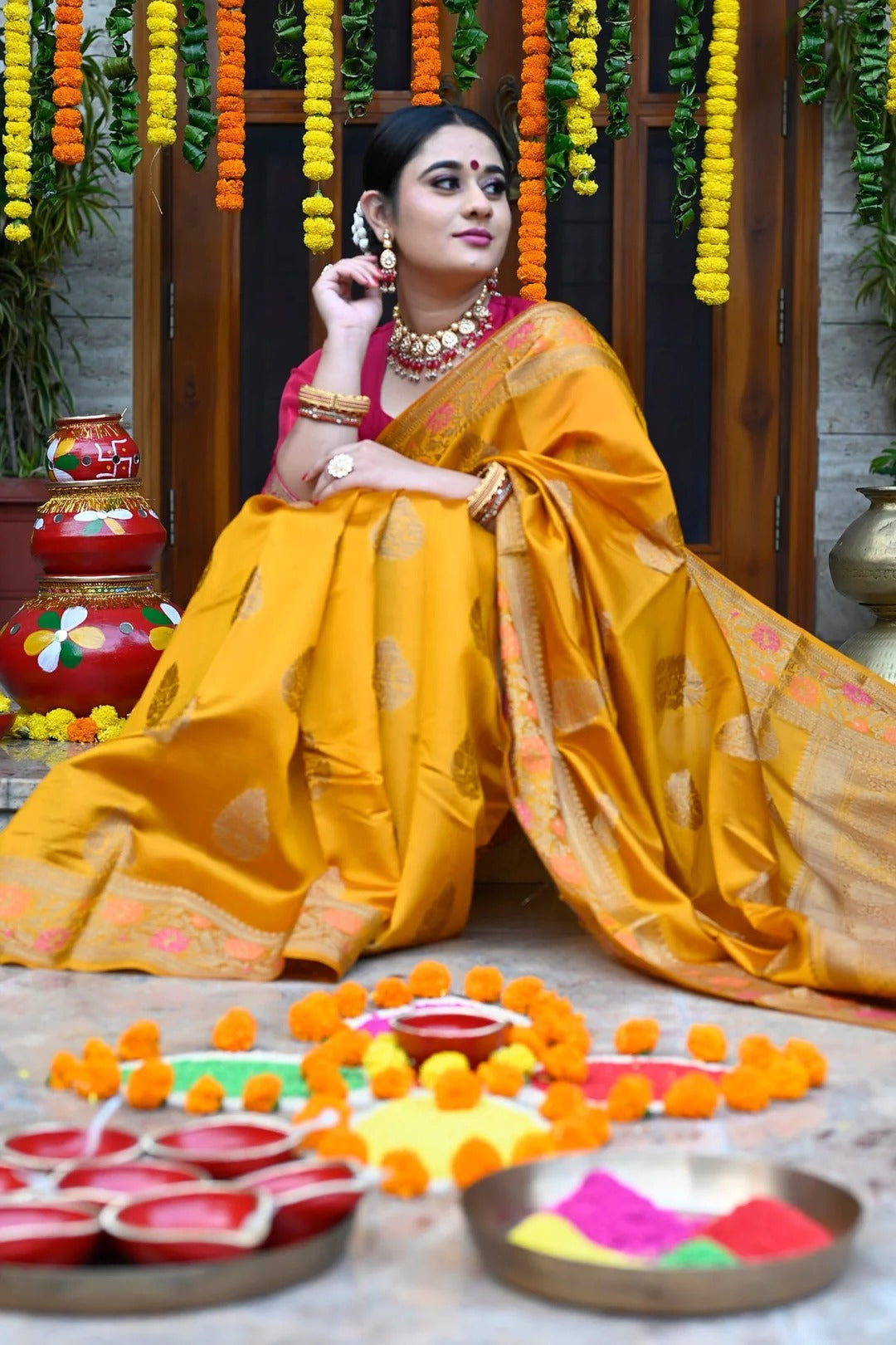 Western Wear Mustard Yellow Color Banarasi Silk Saree