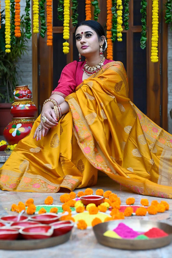 Western Wear Mustard Yellow Color Banarasi Silk Saree