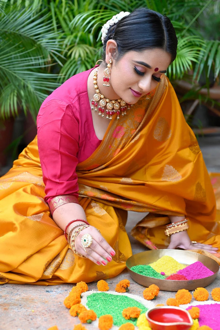 Western Wear Mustard Yellow Color Banarasi Silk Saree