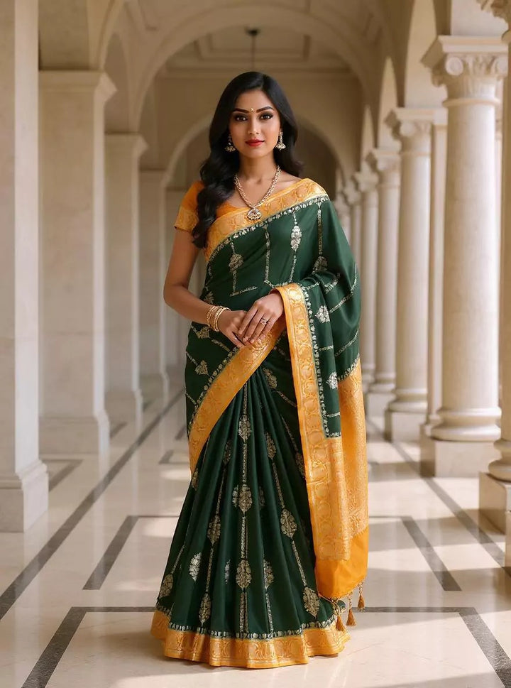 Festival Wear Dark Green Color Banaras Soft Silk Saree