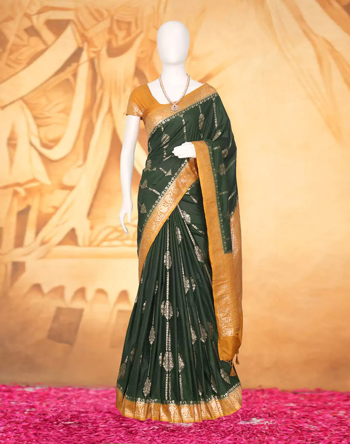 Festival Wear Dark Green Color Banaras Soft Silk Saree