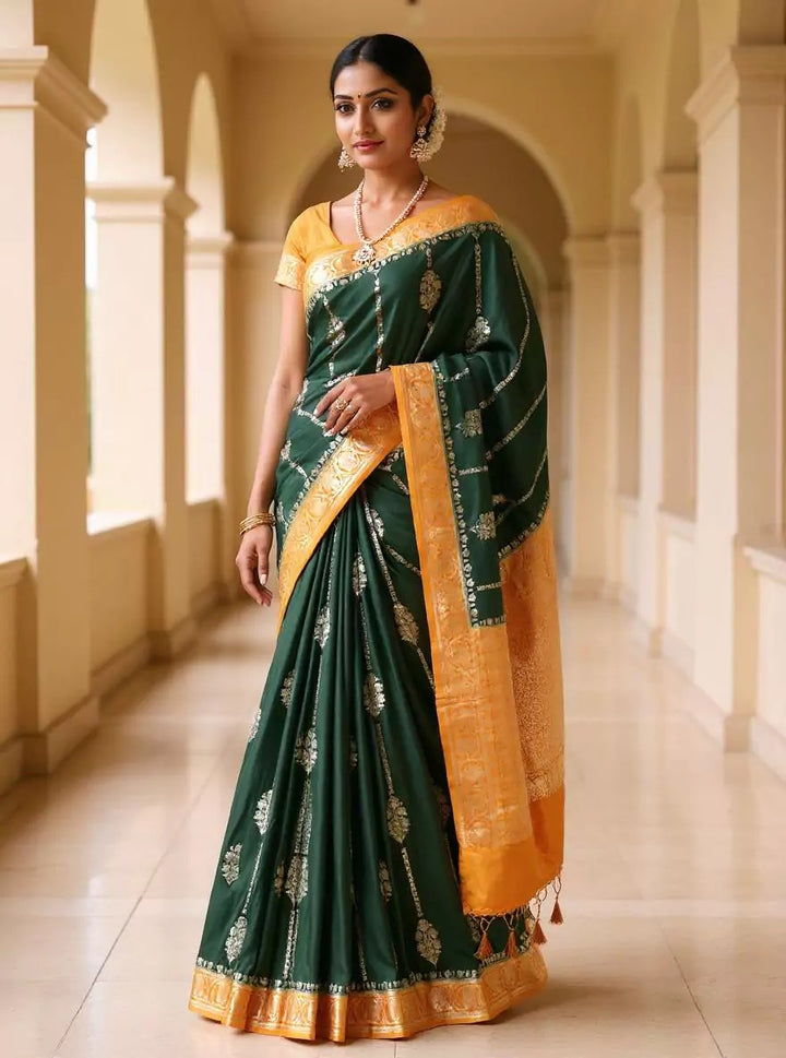 Festival Wear Dark Green Color Banaras Soft Silk Saree