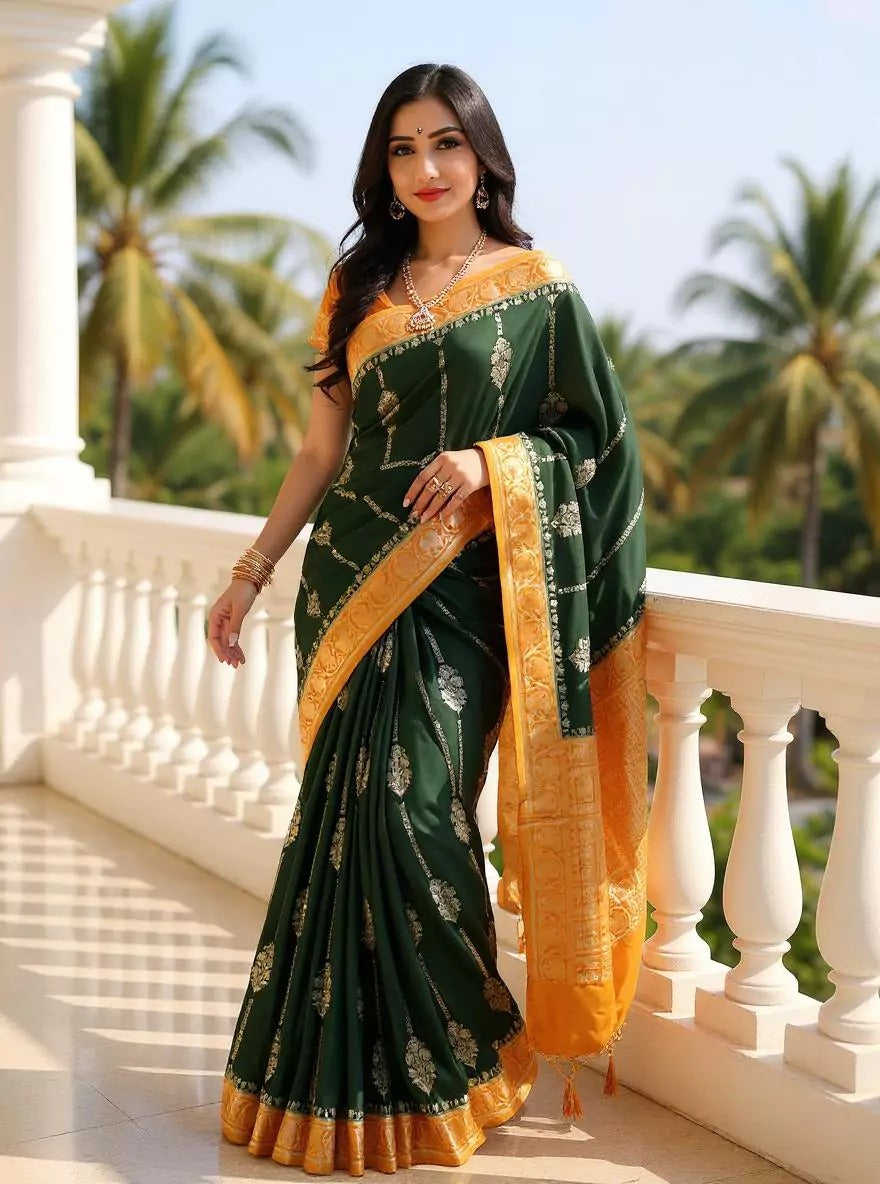 Festival Wear Dark Green Color Banaras Soft Silk Saree