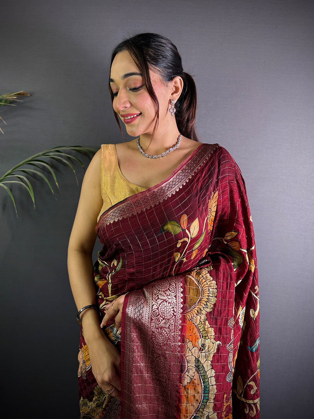 Maroon Banarasi Silk Saree with Kalamkari Print & Rich Zari Border