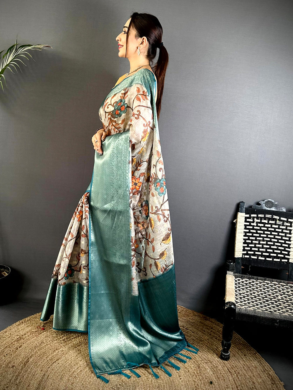Teal Green Soft Silk Saree with Floral Digital Print and Intricate Zari Weaving