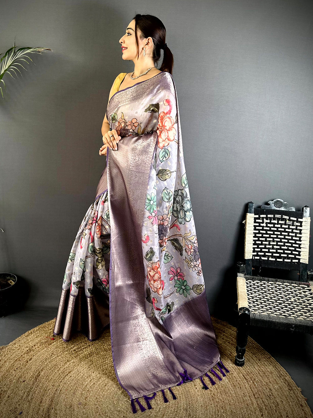 Lavender Soft Silk Saree with Floral Digital Print and Elegant Silver Zari Weaving