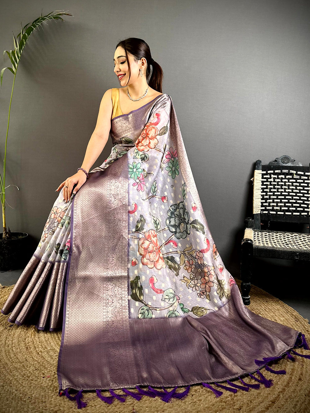 Lavender Soft Silk Saree with Floral Digital Print and Elegant Silver Zari Weaving