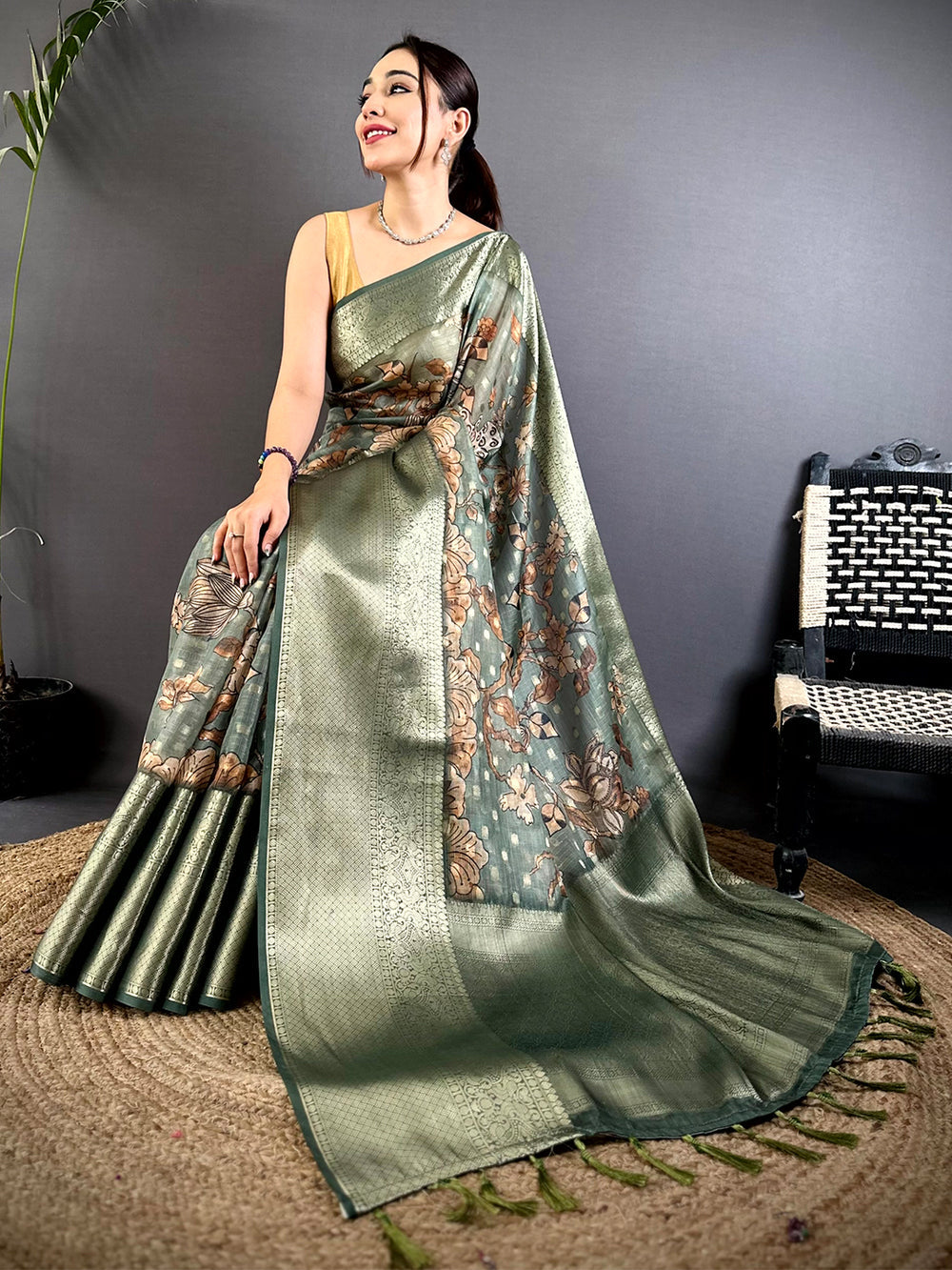 Sage Green Soft Silk Saree with Floral Digital Print & Zari Woven Border