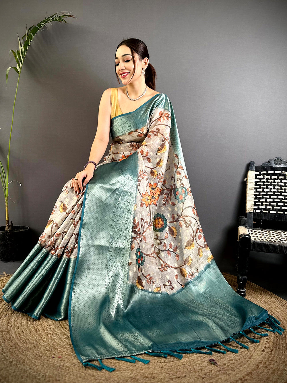 Teal Green Soft Silk Saree with Floral Digital Print and Intricate Zari Weaving