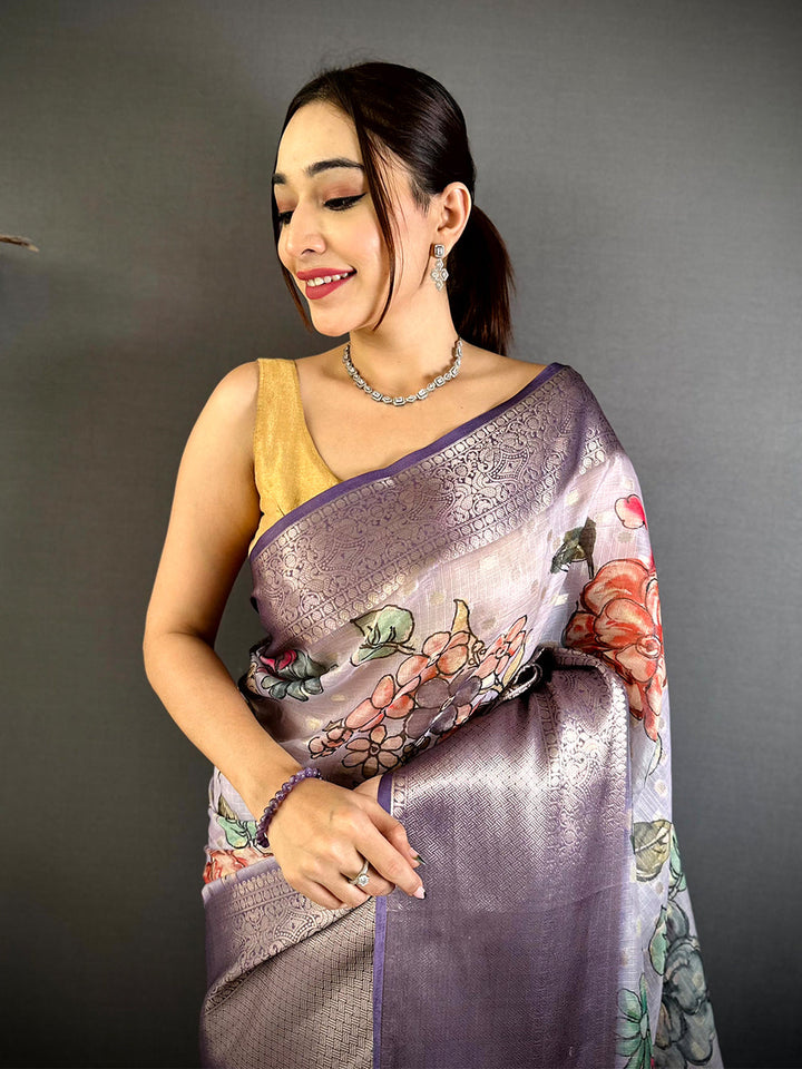 Lavender Soft Silk Saree with Floral Digital Print and Elegant Silver Zari Weaving
