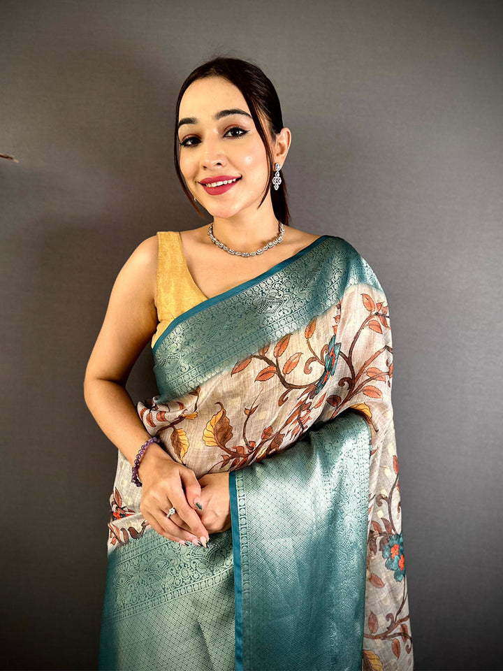 Teal Green Soft Silk Saree with Floral Digital Print and Intricate Zari Weaving
