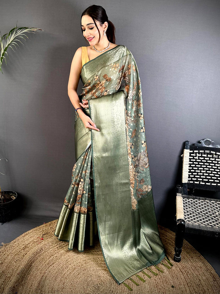 Sage Green Soft Silk Saree with Floral Digital Print & Zari Woven Border