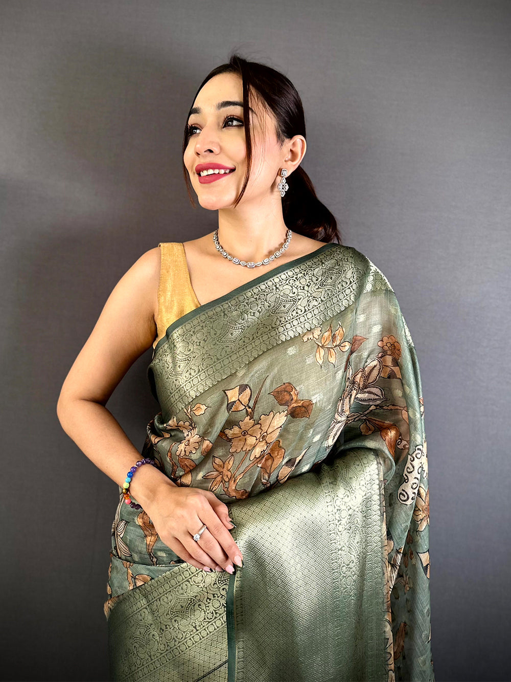 Sage Green Soft Silk Saree with Floral Digital Print & Zari Woven Border