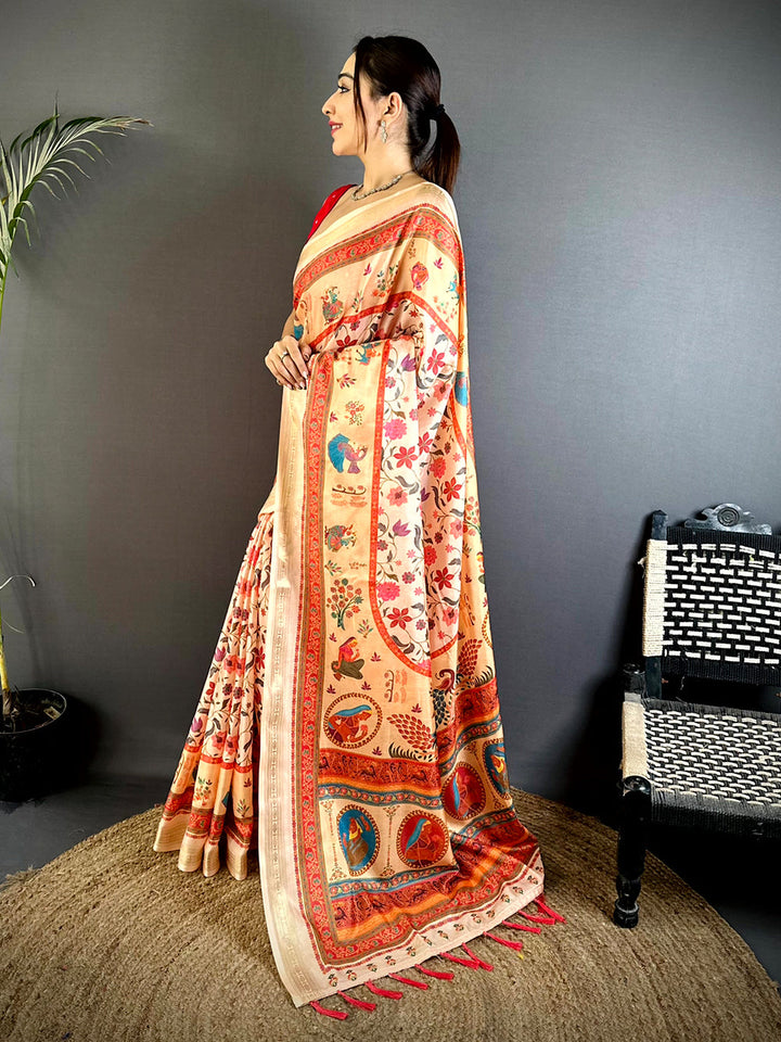 Beige Soft Silk Saree with Traditional Multicolor Kalamkari Print & Red Zari Border