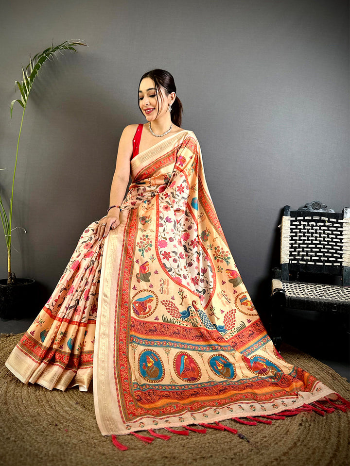 Beige Soft Silk Saree with Traditional Multicolor Kalamkari Print & Red Zari Border