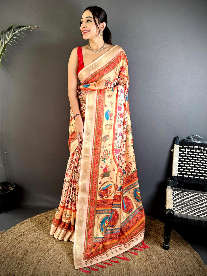 Beige Soft Silk Saree with Traditional Multicolor Kalamkari Print & Red Zari Border