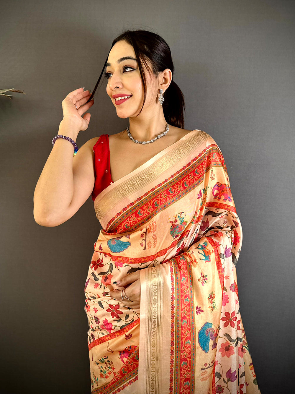 Beige Soft Silk Saree with Traditional Multicolor Kalamkari Print & Red Zari Border