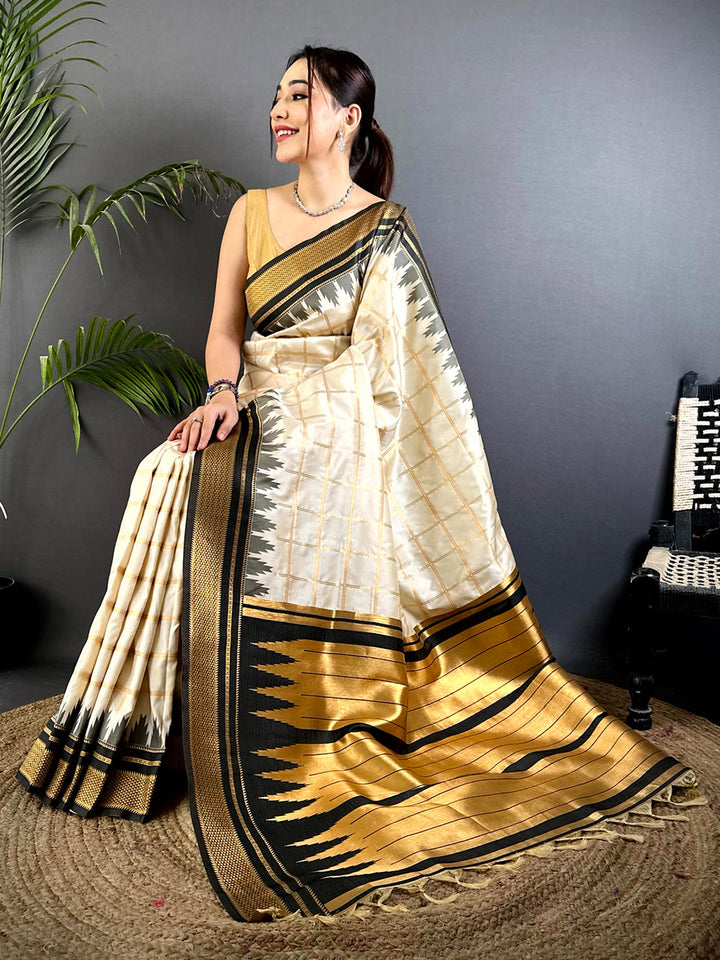 Cream Soft Silk Saree with Black & Gold Temple Border