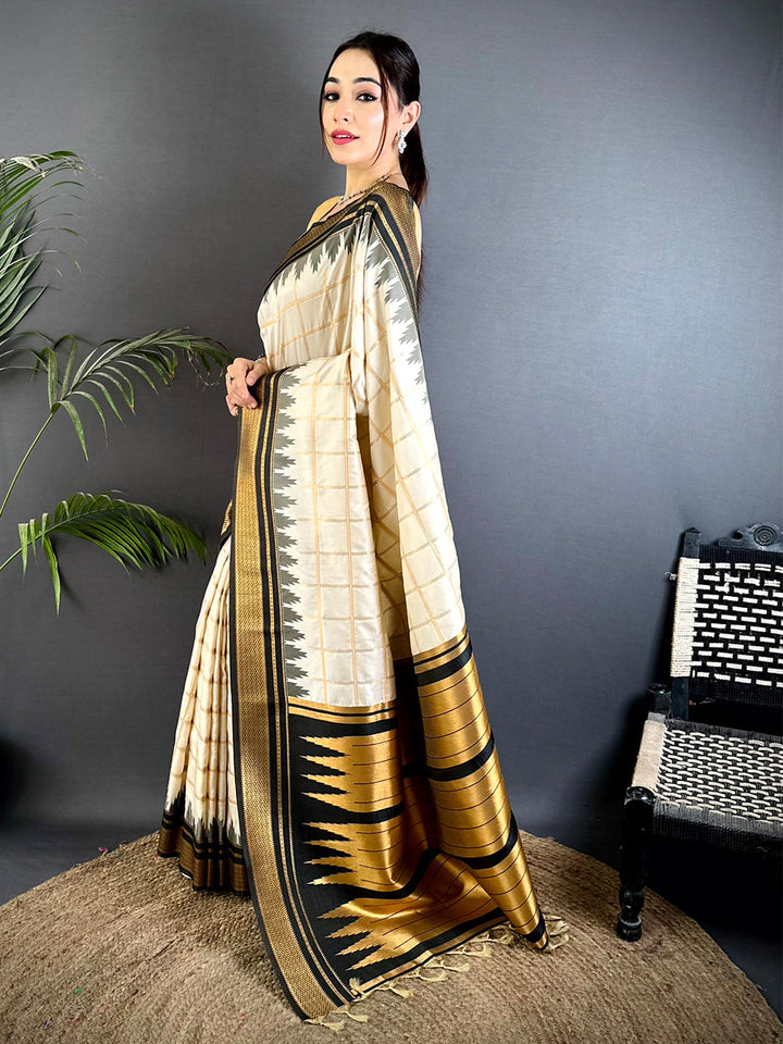 Cream Soft Silk Saree with Black & Gold Temple Border