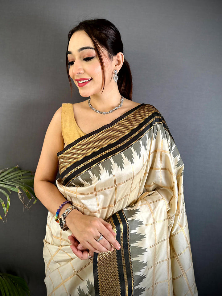 Cream Soft Silk Saree with Black & Gold Temple Border