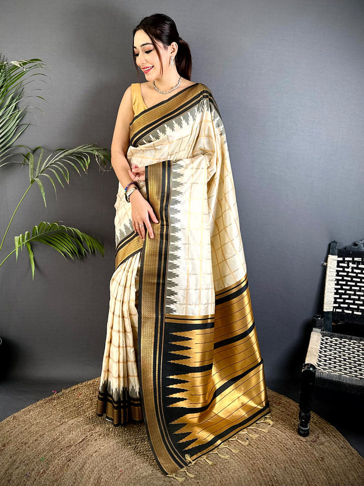 Cream Soft Silk Saree with Black & Gold Temple Border